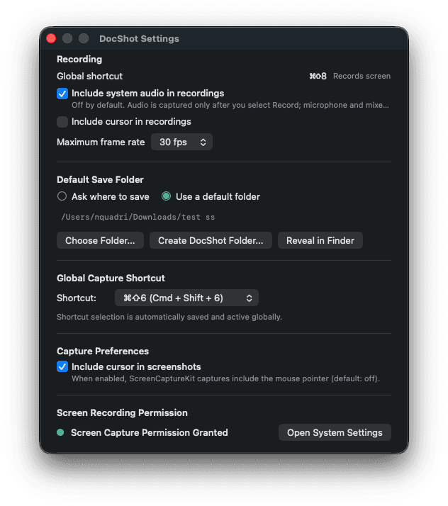 DocShot settings window with recording shortcut, opt-in system audio and cursor capture toggles, maximum frame rate, default save folder options, global capture shortcut and screen recording permission status