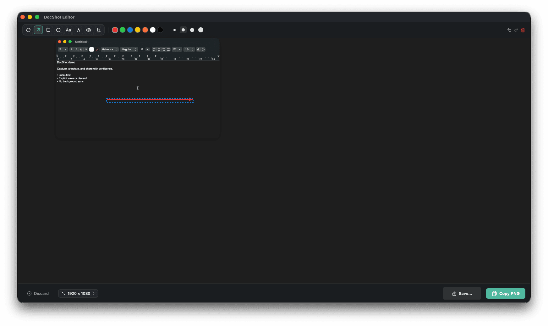 DocShot screenshot editor with a captured window on the annotation canvas, an arrow annotation drawn on it, and toolbar controls for arrows, shapes, text, redaction and crop alongside Discard, Save and Copy PNG actions