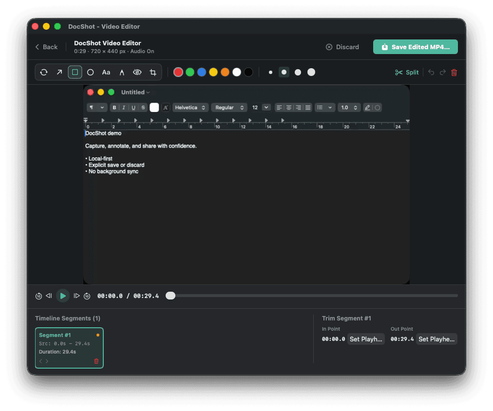 DocShot video editor showing a 29-second recording with playback controls, a timeline segment panel, trim in and out points, a Split control and a Save Edited MP4 button